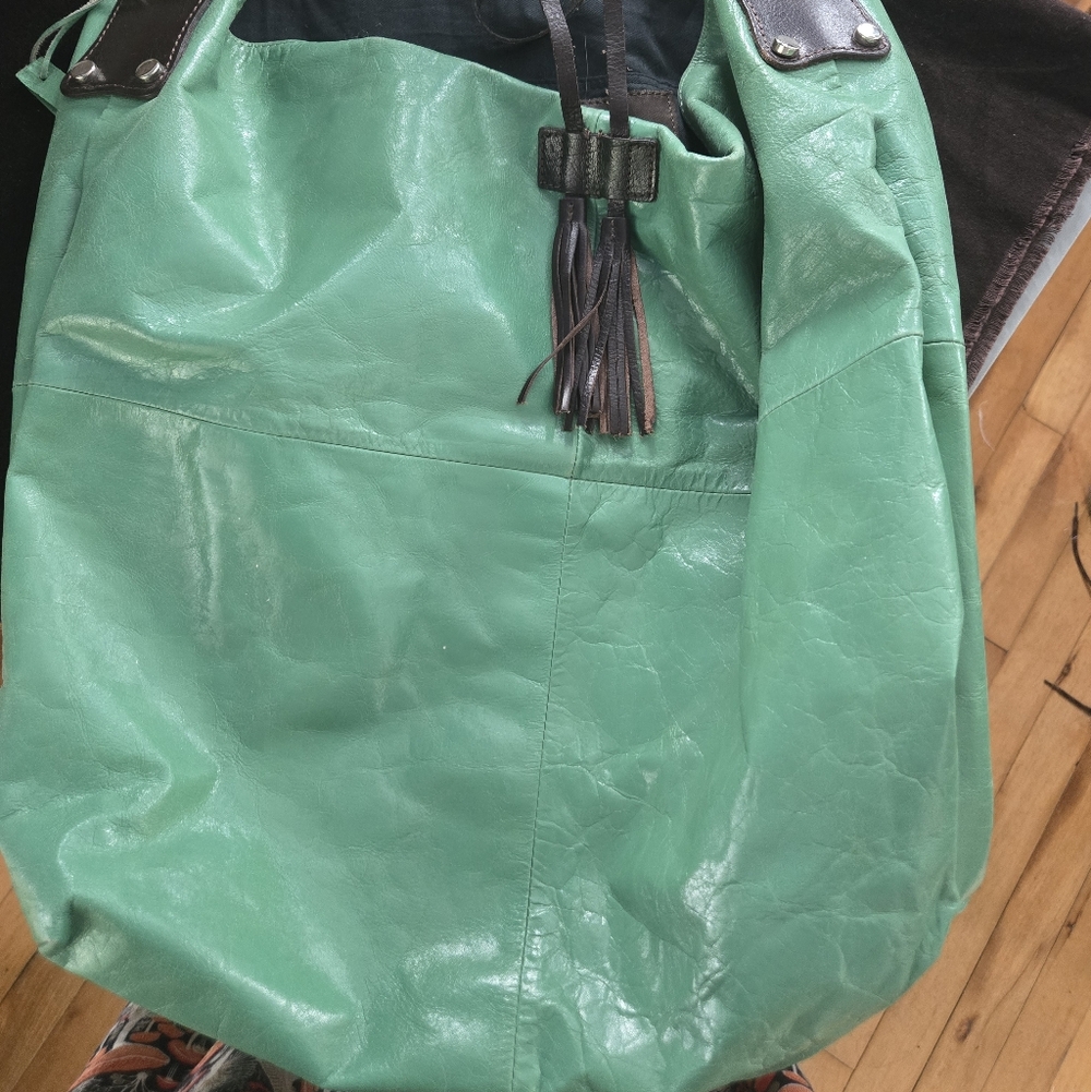 ​Tano Mint Green Leather Hobo Bag Tassel Whipstitch Handle Boho Slouchy